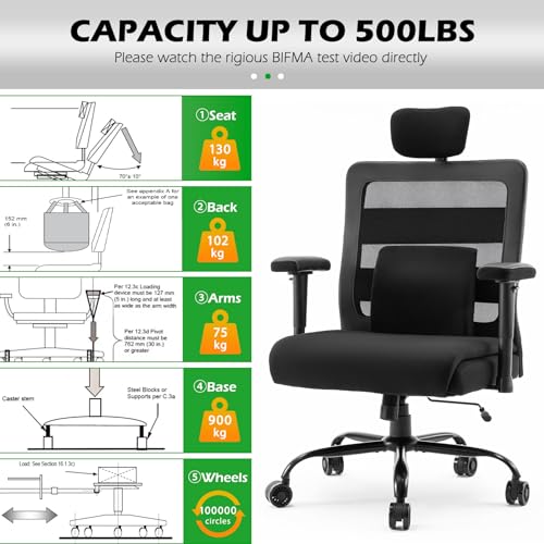 Extra Wide Seat Office Chair 500lbs Big and Tall Heavy Duty Ergonomic Mesh High Back Desk Chair with Adjustable Headrest, Lumbar Support, Arms for Home & Office