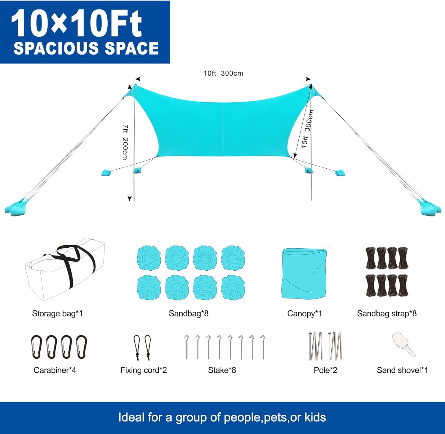Beach Shade Canopy - Windproof Beach Tent UPF50+, Portable Outdoor Sunshade for Family, Couples - Shelter with 4 Aluminium Pole and 8 Sandbags for Beach Camping Fishing Picnics Park(10×10FT)