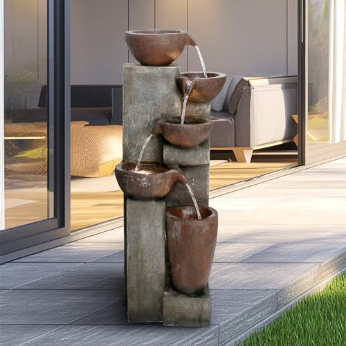 Naturefalls 5-Tier Outdoor Water Fountains with LED Lights - 39”H Floor Standing Indoor Water Fountains for Garden, Patio, Deck, Porch - Yard Art Decor (Grey, 39H inches)