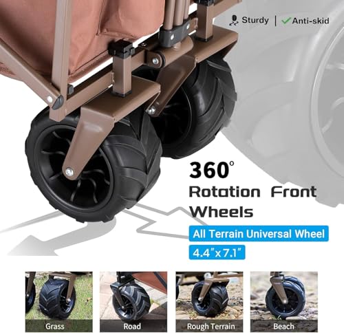 kejector Collapsible Wagon Cart - Heavy Duty Foldable 360-Degree Swivel Wheels Beach Wagon with Side Pockets, Adjustable Handle, Utility 140l Capacity Portable Cart for Camping, Sports, Black