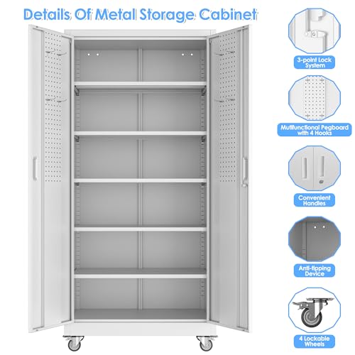Aobabo Garage Storage Cabinet with Wheels,72" H Metal Storage Cabinet with 2 Doors and 4 Adjustable Shelves for Garage Home, Black,Required-Assembly