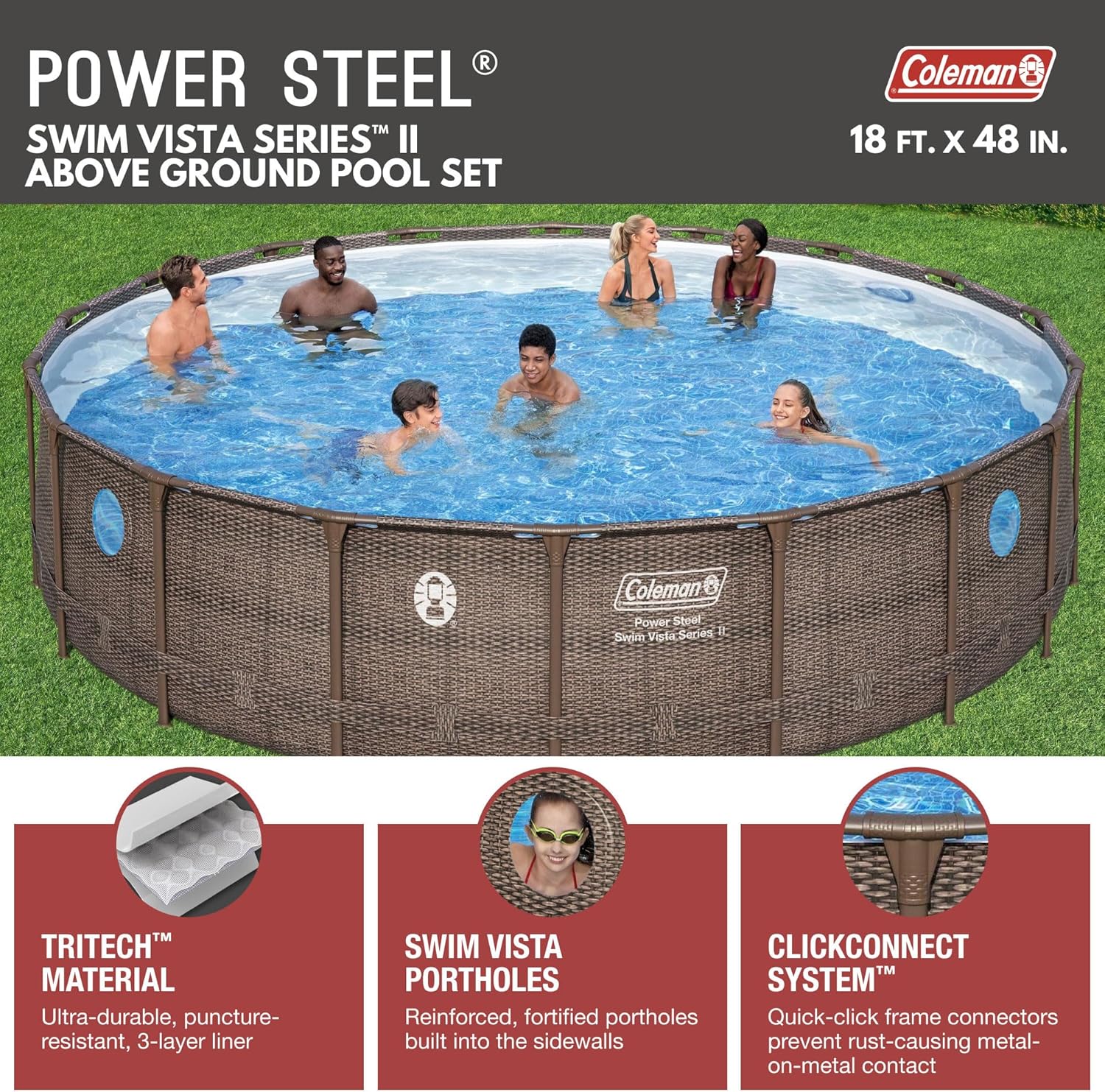 Coleman Round Durable Power Steel Frame Swim Vista Series II 18' x 48" Above Ground Outdoor Swimming Pool Set with Filter Pump and Ladder, Brown
