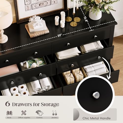 JUMMICO Dresser for Bedroom, 6 Wood Dresser Drawers, Wide Chest of Drawers, Storage Tower Unit, Modern Design for Bedroom, Living Room, Hallway, Entryway (Dark Brown)