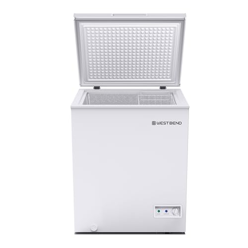 West Bend WB0700CFMW Chest Freezer with Adjustable Temperature Control, Free-Standing with Single Flip-Up Lid, Manual Defrost with Drain Perfect for Homes, Garages, Basements, 7-Cu.Ft, White