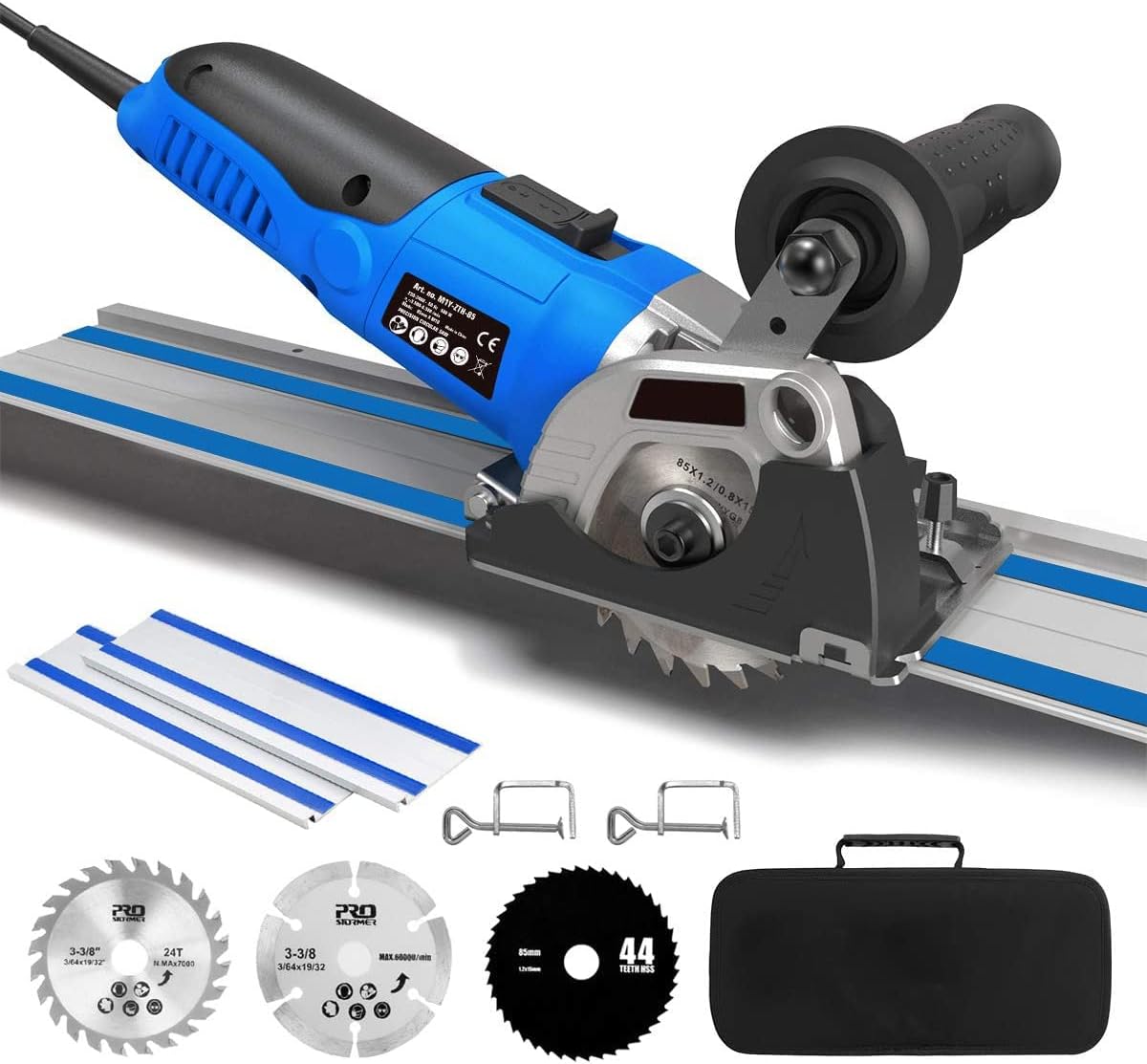 Mini Circular Saw with Track, 3-3/8" 6,500RPM Compact Circular Saw with 2 x 15" Guide Rails, Mini Plunge Cut Saw with 3 Saw Blades for Wood, Soft Metal, Tile and Plastic Pack of 2