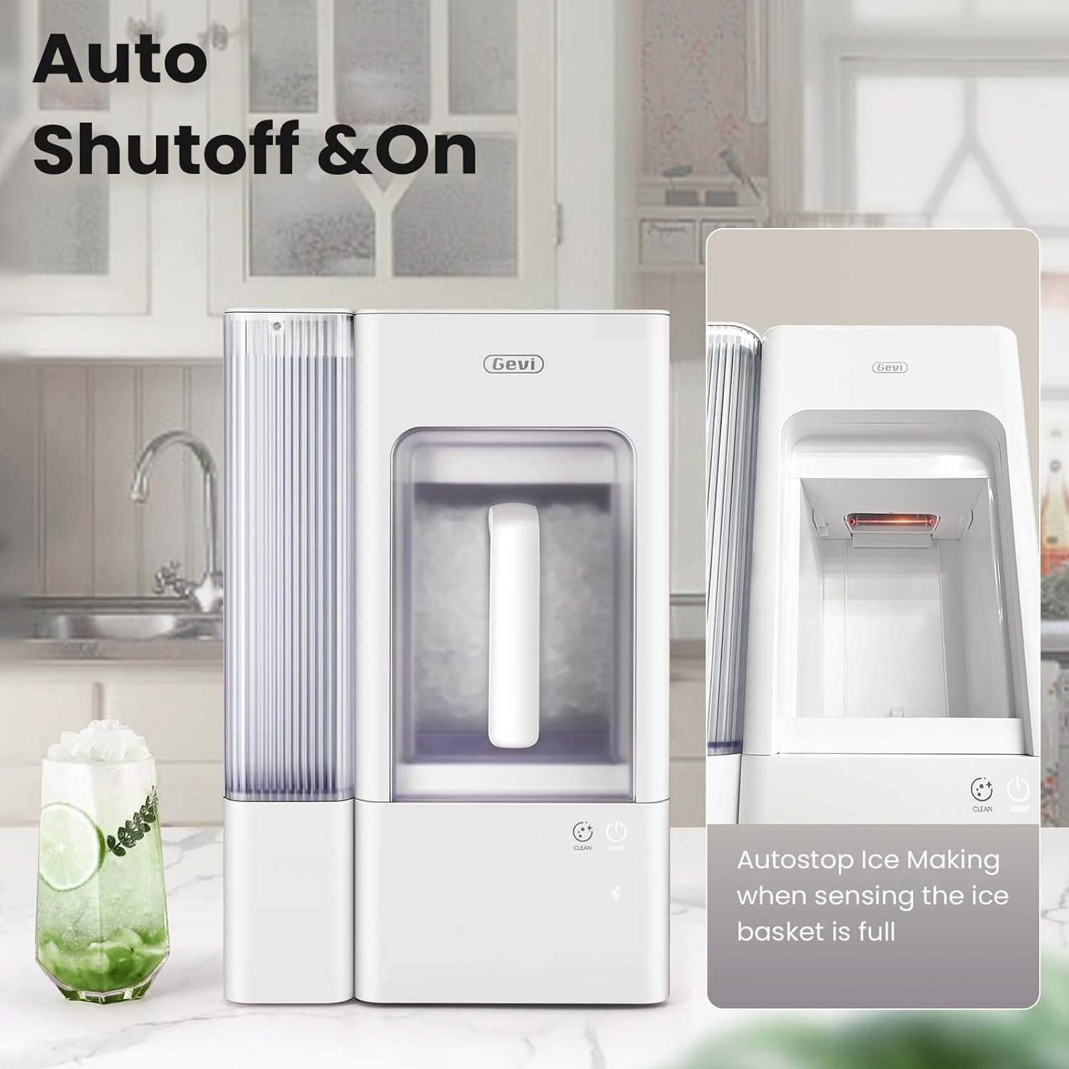 Gevi Adella Nugget Ice Maker Countertop, Chewable Pellet Ice Machine with Portable Ice Basket Large Side Tank Self-Cleaning for Home Kitchen Office Party Mother Gift, White (Adella)