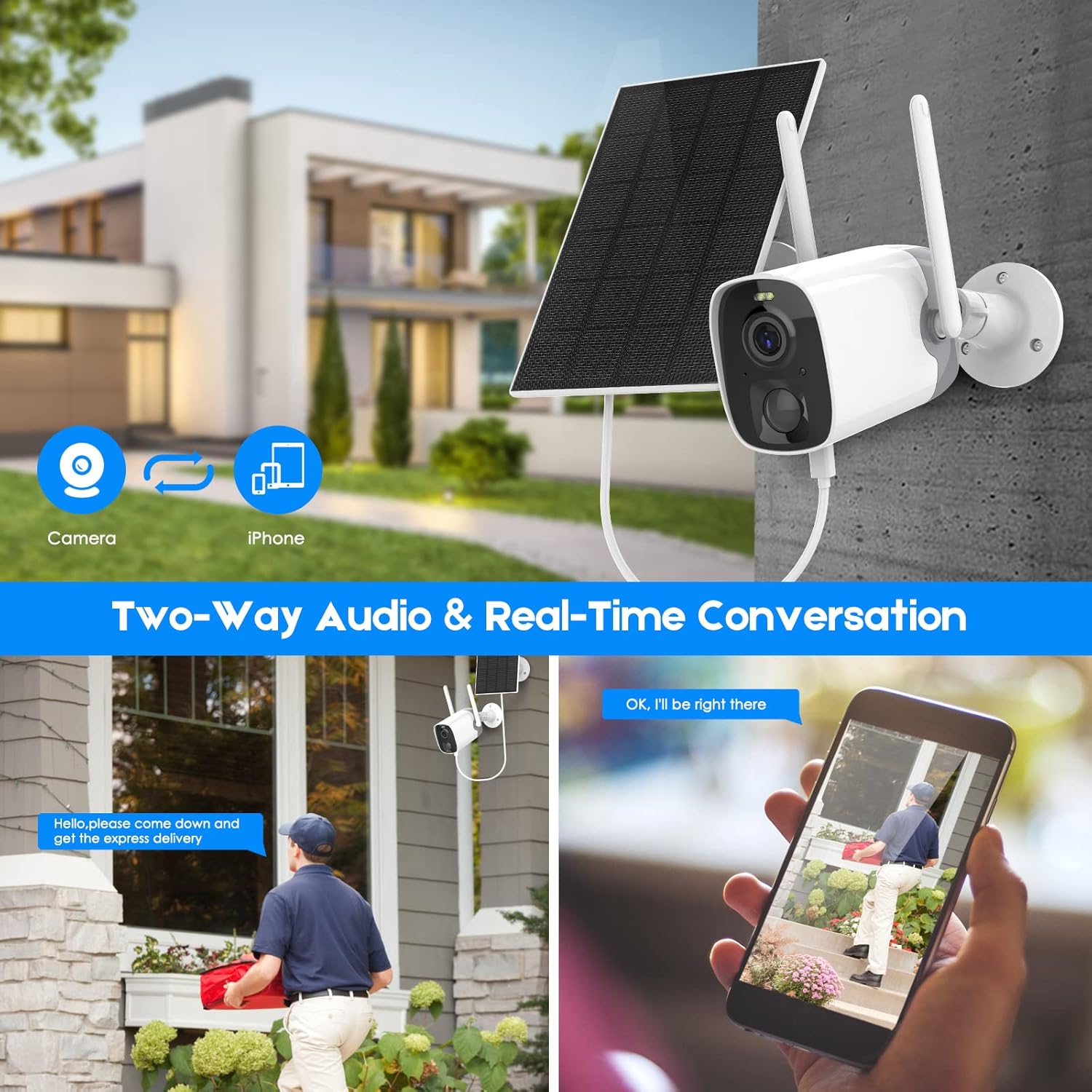 Solar Security Camera Wireless Outdoor,Solar-Powered Rechargeable Battery,1080P Security WiFi Camera IP66,AI,PIR Motion Detection, 2-Way Audio, Color Night Vision, Remote Access by App Cloud/Micro SD