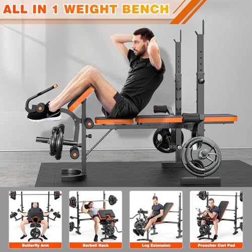 XDDIAS Weight Bench, 770LBS Bench Press Set with Leg Extension, 6 in 1 Olympic Weight Bench for Home Gym, Adjustable Workout Bench with Rack & Preacher Pad, Flat Incline Bench for Weight Lifting