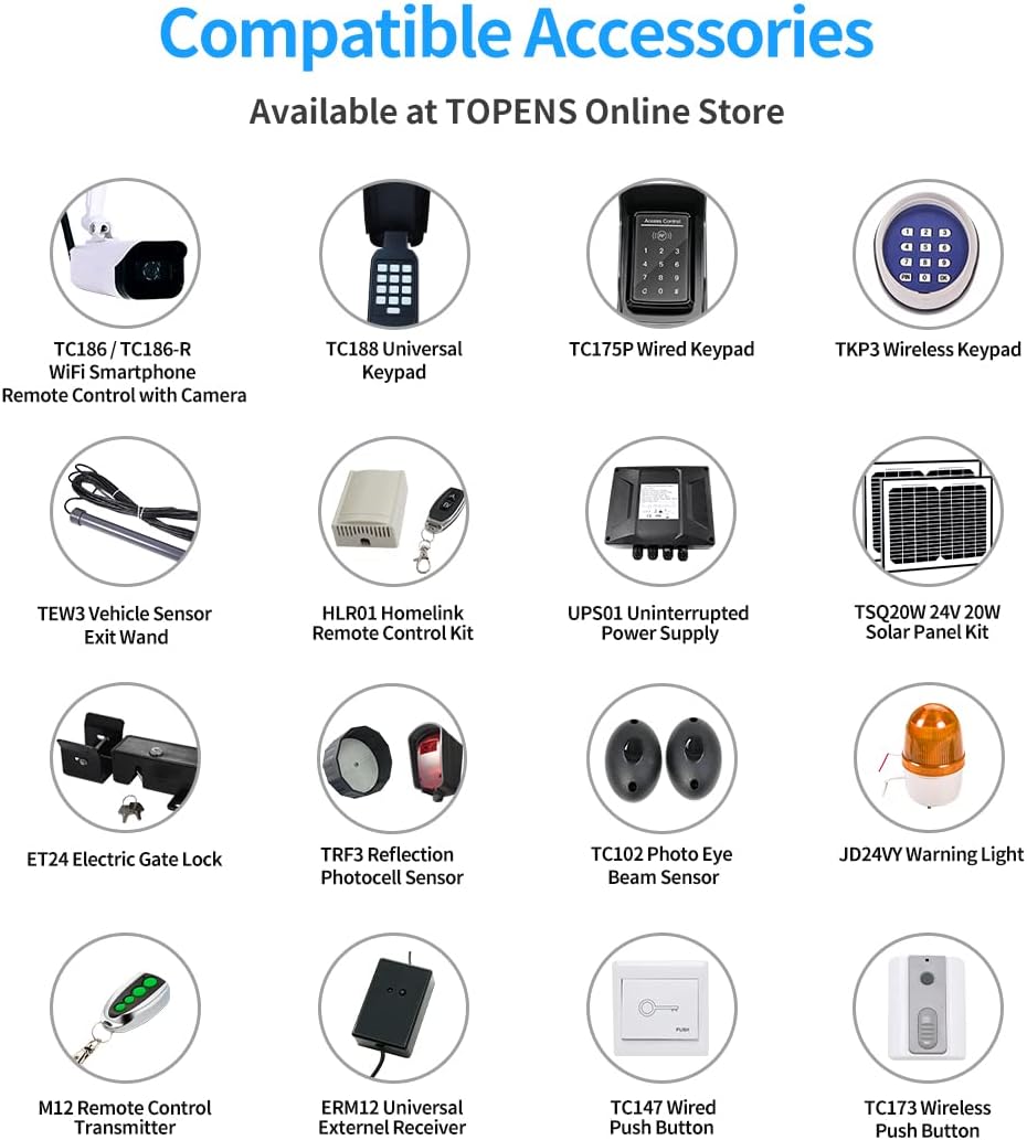 TOPENS A5131 Single Swing Gate Opener Medium Duty Automatic Gate Motor for Single Swing Gates Up to 16ft, Electric Driveway Gate Operator AC Powered with Remote Control Kit Solar Compatible