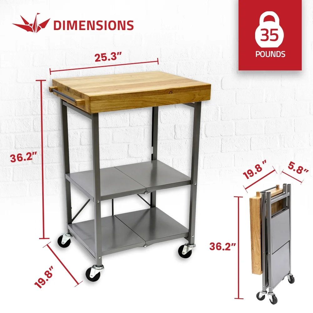 Origami Foldable Wheeled Portable Solid Wood Top Kitchen Island Bar Cart