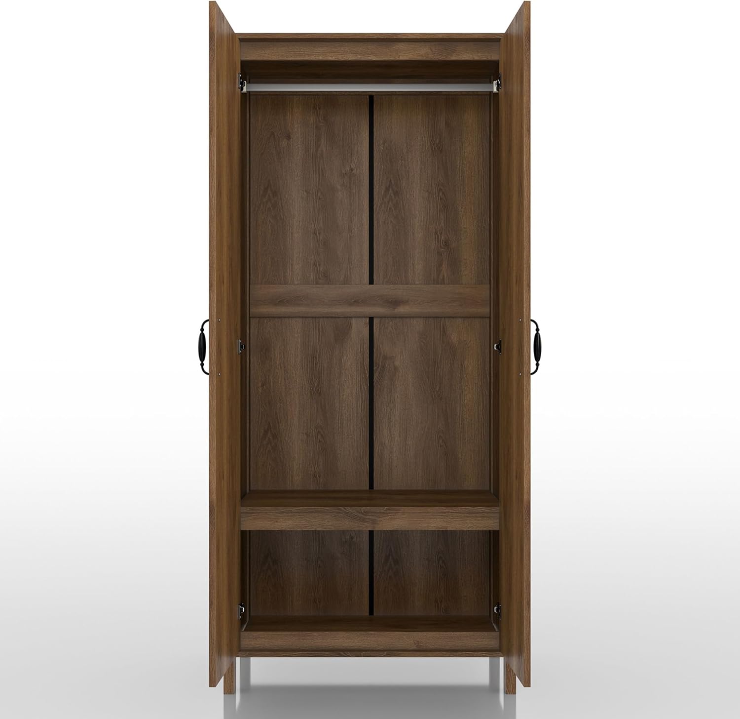 24/7 Shop at Home Piper Farmhouse 2-Doors Wood Armoire Wardrobe Closet with Fixed Shelves and Hanging Rack, Freestanding Clothes Cabinet for Bedroom, Guest room, Basement, Walnut Brown