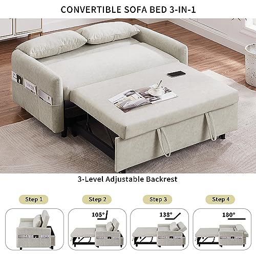 GIA 3 in 1 Convertible Sleeper Sofa, Loveseats Futon Couch Pullout Bed for Living Room,Love Seat Chaise Lounge with Adjsutable Backrest, Storage Pockets, 2 Pillows, Gray