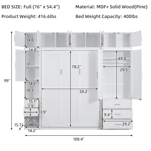 Merax Full Size Murphy Bed Cabinet with Lockers and Storage Wardrobes Shelves, Wood Foldable Hidden Wall Platform Bedframe Chest for Home, Bedroom, Office, Small Room, Apartment