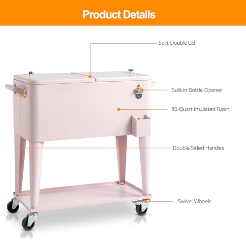 Bueuwe 80 Quart Rolling Ice Chest on Wheels, Portable Patio Party Bar Drink Cooler Cart with Shelf, Beverage Pool with Bottle Opener,Water Pipe,for Party Cookouts Backyard BBQ