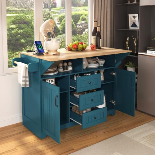 Foldable White 55.7 Inch Kitchen Storage Island Cart with 2 Drop Leaf Extensions, 5-Wheel Rolling Table, Power Outlet & USB Port, 3 Drawers Spice Rack Towel Holder for Small Spaces