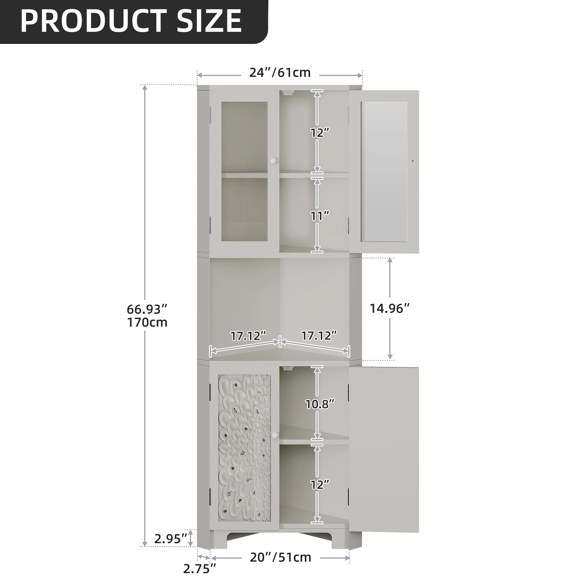 DWVO 67" Tall Corner Stoarge Cabinet With 4 Doors ,Corner Kitchen Cabinet,Buffet Cabinet for Living Room, Bathroom, Kitchen, White
