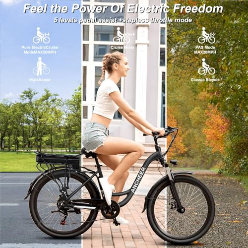 ANCHEER Electric Bike for Adults, 48V 500Wh EBike, UP to 60 Miles, Removable Battery, Fast-Charge, 26" Commuter Electric Bicycles, 7-Speed, LCD Digital Display, Suspension Fork, Cruise Control, UL2849