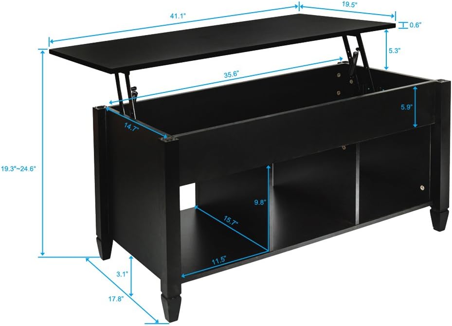 Coffee Table Lift Top Wood Home Living Room Modern Lift Top Storage Coffee Table w/Hidden Compartment Lift Tabletop Furniture, with 3 Hidden Compartment Storage Shelf (Black)