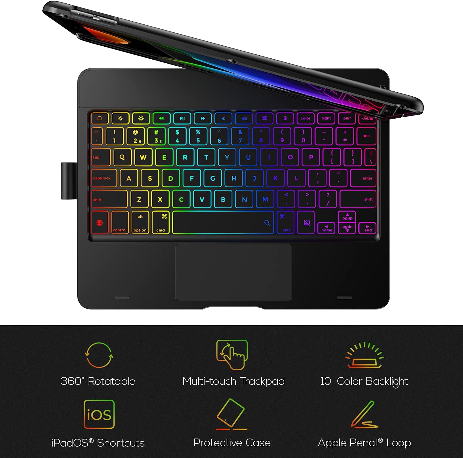 typecase Touch Ultra iPad 9th Generation Case with Keyboard (10.2, 2021) - Trackpad, RGB Backlight, 360° Rotatable, Thin & Light for 8th Gen (2020), 7th Gen (2019), Air 3, Pro 10.5 (Black)