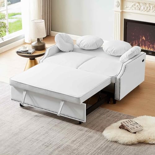 Modern Convertible Sofa Bed with Adjustable Backrest and Pull-Out Bed, Stylish Design 2 Seat Sofa with Pillows and USB Ports, Perfect for Small Spaces, Beige