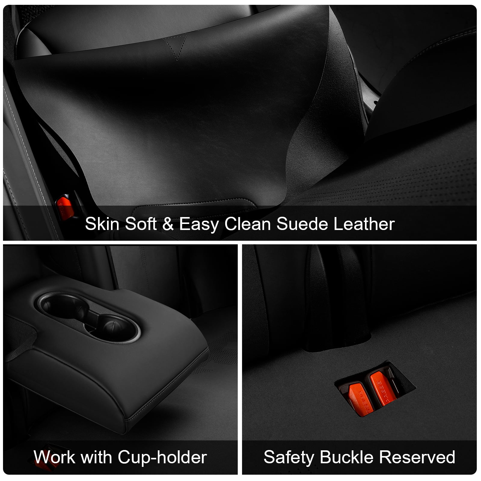 Ikon Motorsports Seat Cover Cushions Compatible With 2017-2023 Tesla Model 3, V1 Style Black Suede Leather 1st 2nd Row 5-Seat Seat Cover Cushion Protectors