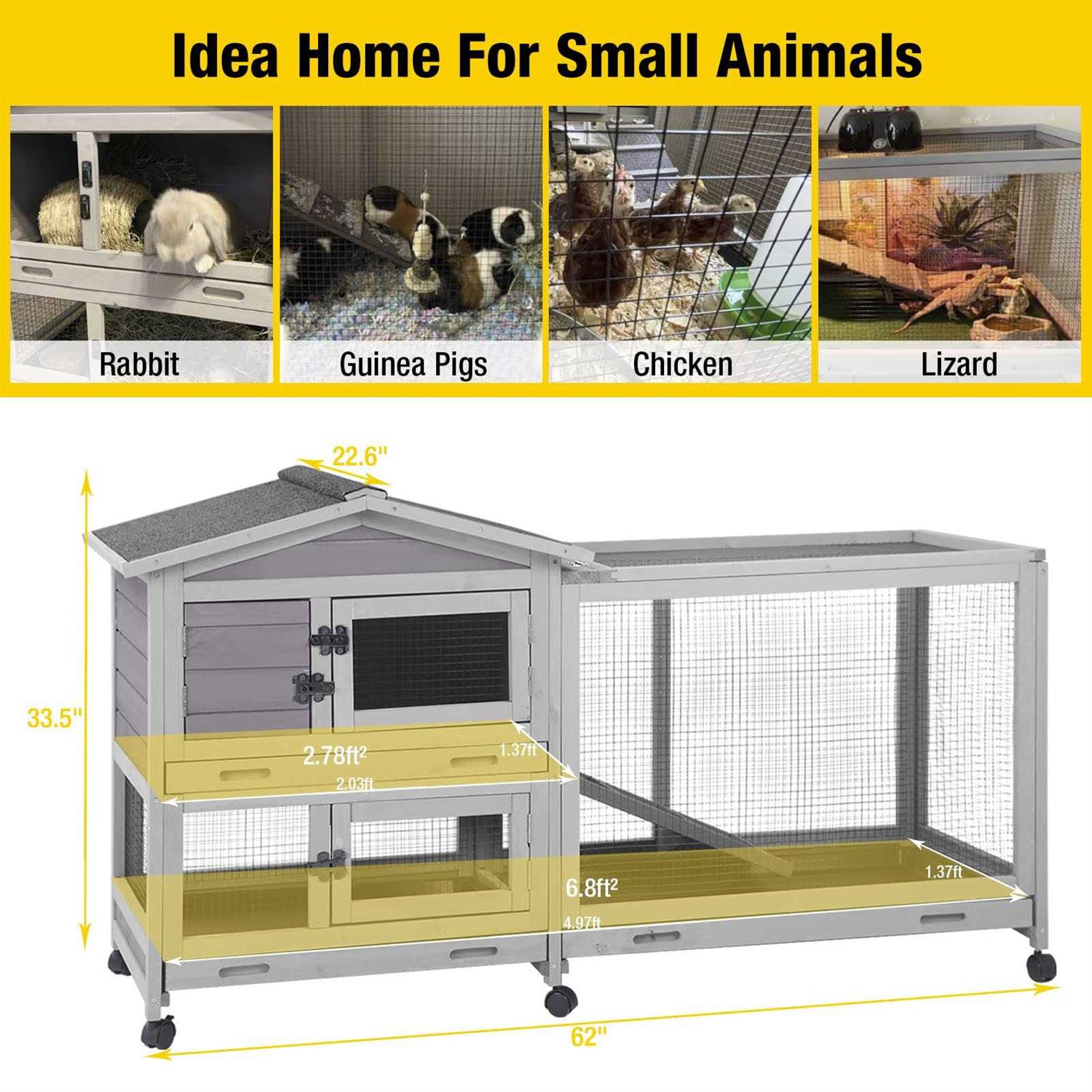 Aivituvin Rabbit Hutch Indoor 62 Cage Outdoor Chicken Coop Guinea Pig Cage on Wheels Bunny Cage with 3 Deep No Leakage Pull Out Tray,Waterproof - Pet Supplies online store