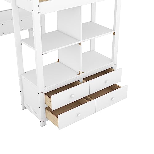 Harper & Bright Designs Full Size Loft Bed Frame with Desk and Storage, Solid Wood Loft Bed with Bookshelf and Drawers, for Kids Teens Adults - White