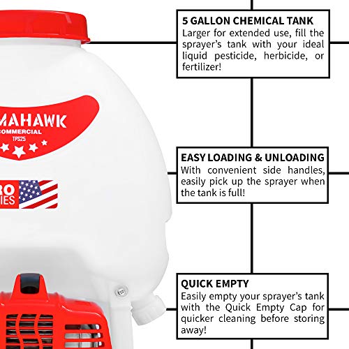 Tomahawk 5 Gallon Gas Power Backpack Sprayer 435 Pressure for Insecticide Fertilizer Bugs Weeds Mosquitoes and Ticks with Mist Attachment