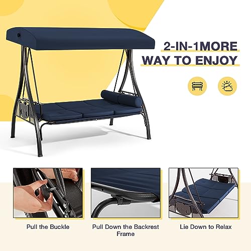 HOMREST 3 Person Outdoor Porch Swing with 1.5" Deep Cup Holder, Adjustable Canopy, Backrest, Patio Swing Bed with Weather Resistant Steel Frame, Cushions for Garden,Deck and Poolside(Blue)