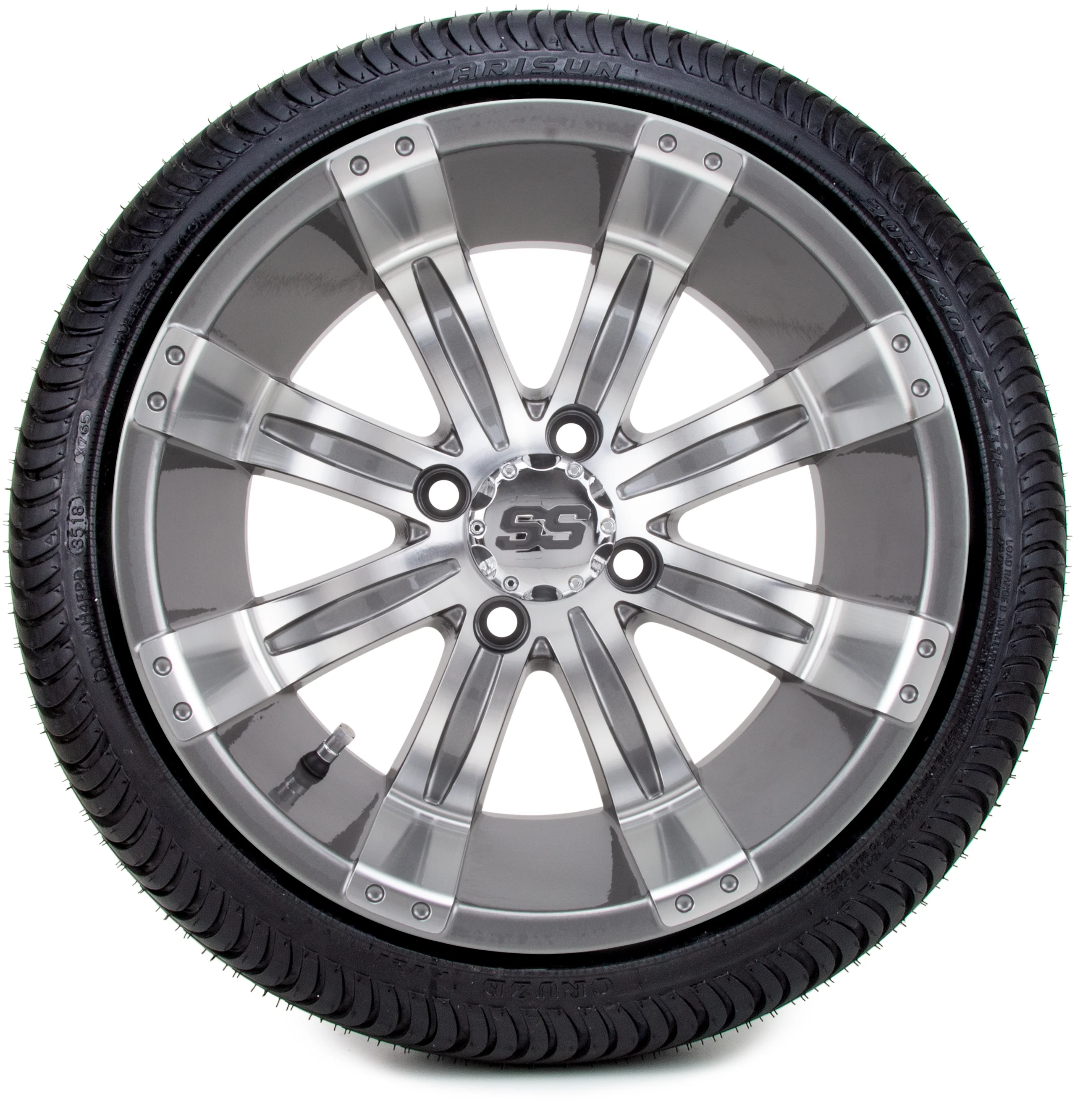 14" Gunmetal Tempest Golf Cart Wheels and Tires Combo with Low Profile Tires