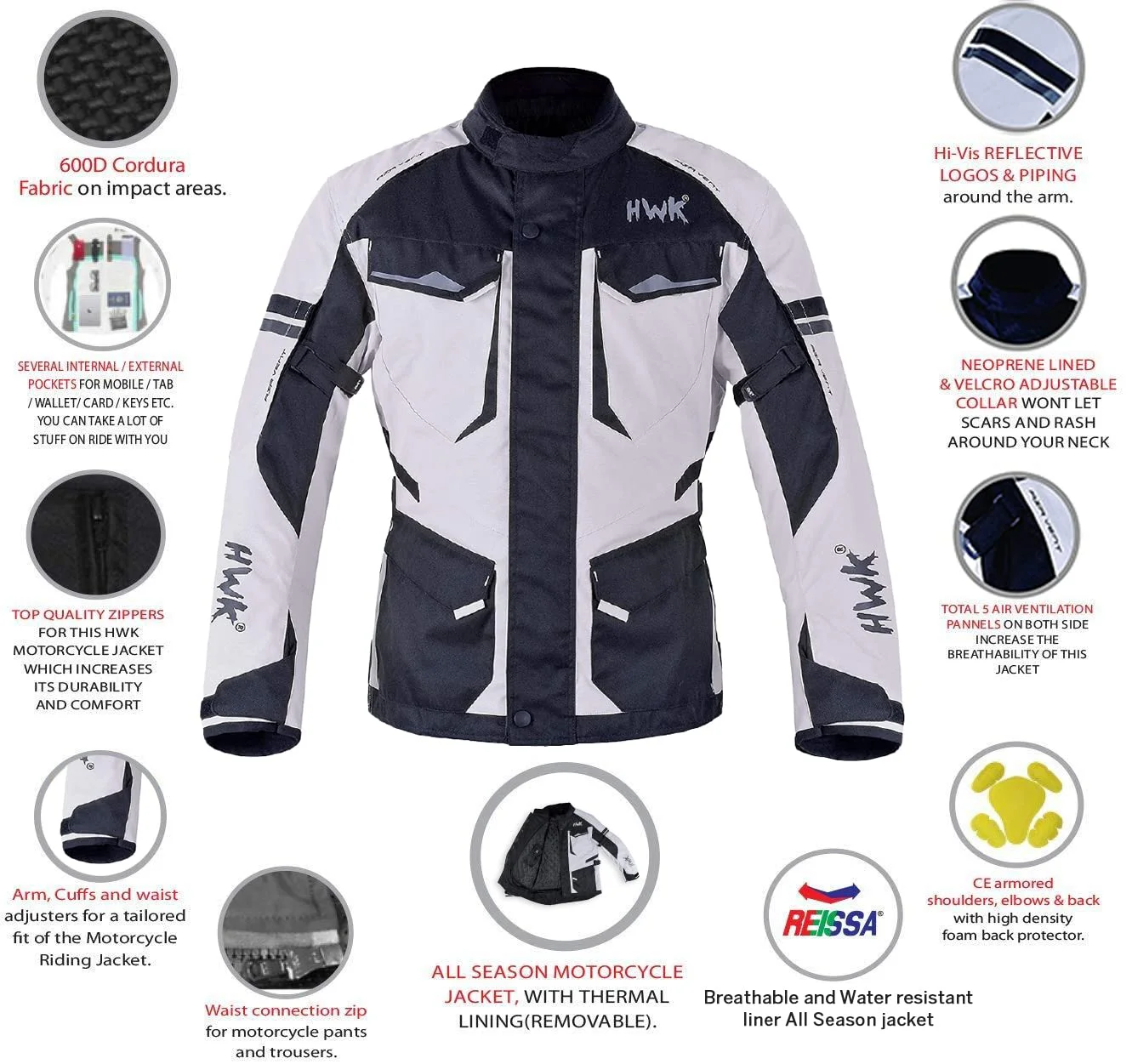 HWK Motorcycle Jacket for Men Adventure/Touring with Cordura Textile Fabric for Motorbike Riding and Impact Protection Armor (Grey, XL)