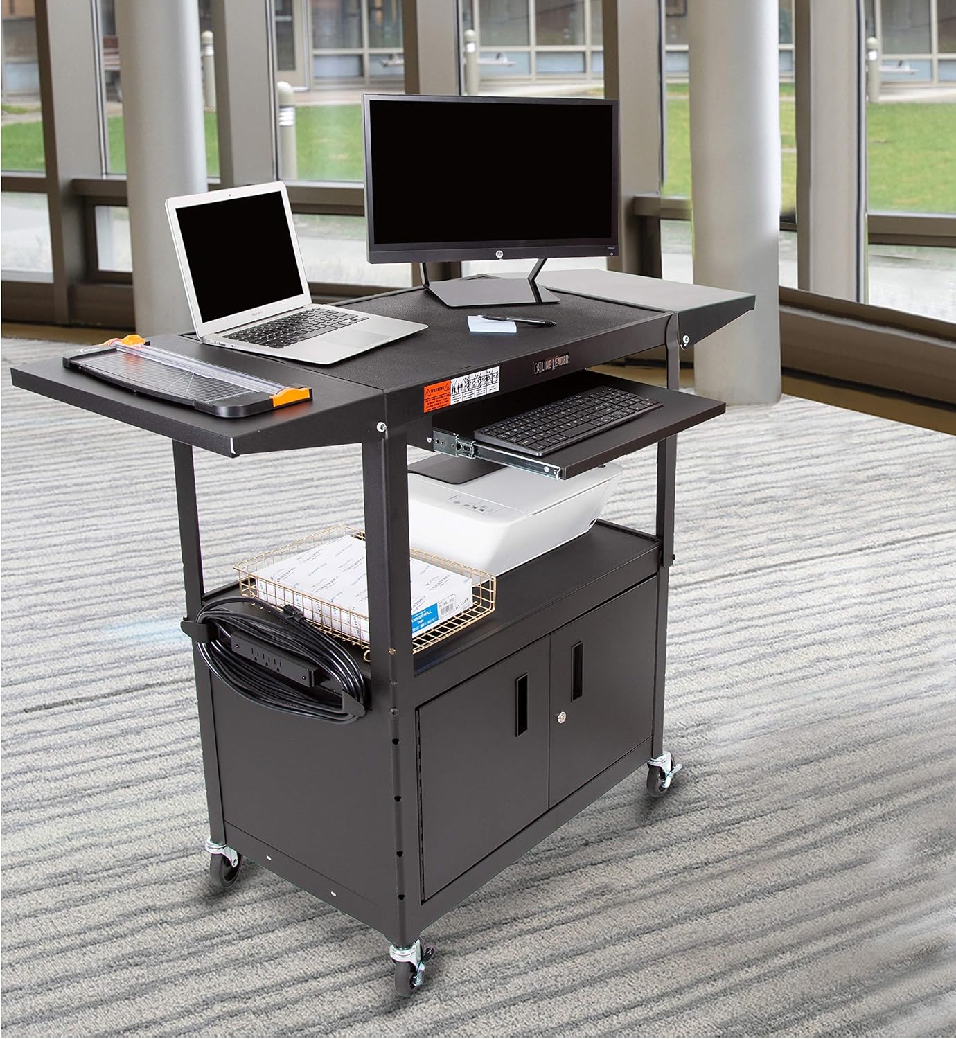 Line Leader Large AV Cart with Locking Cabinet & Drop Leaves | Height Adjustable Utility Cart | Includes Pullout Keyboard Tray & Cord Management | Easy Assembly (54in x 18in x 42in / Black)