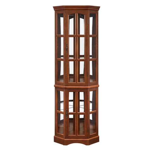 Corner Curio Display Cabinet with 5 Shelves and Lighting System, Wooden Accent China Cabinet with Tempered Glass Doors for Living Room, Bar and Liquor Storage Area (Oak)