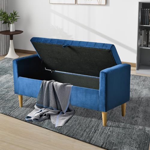 48" Upholstered Storage Ottoman with Arms Bench Modern Velvet Bench for Entryway, Bedroom, Living Room (Gray)