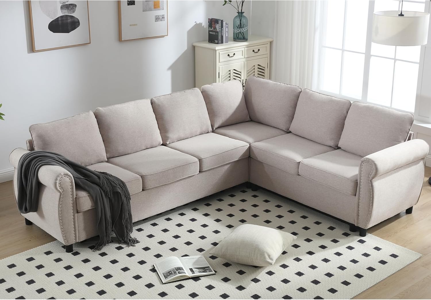 Modular Sectional Sleeper Sofa Couch with Pull Out Bed, 6 Seater Sofa Bed, Convertible L Shaped Sectional Couch for Living Room, Comfy Couch for Apartment, Studio, Office, Home Furniture, Beige