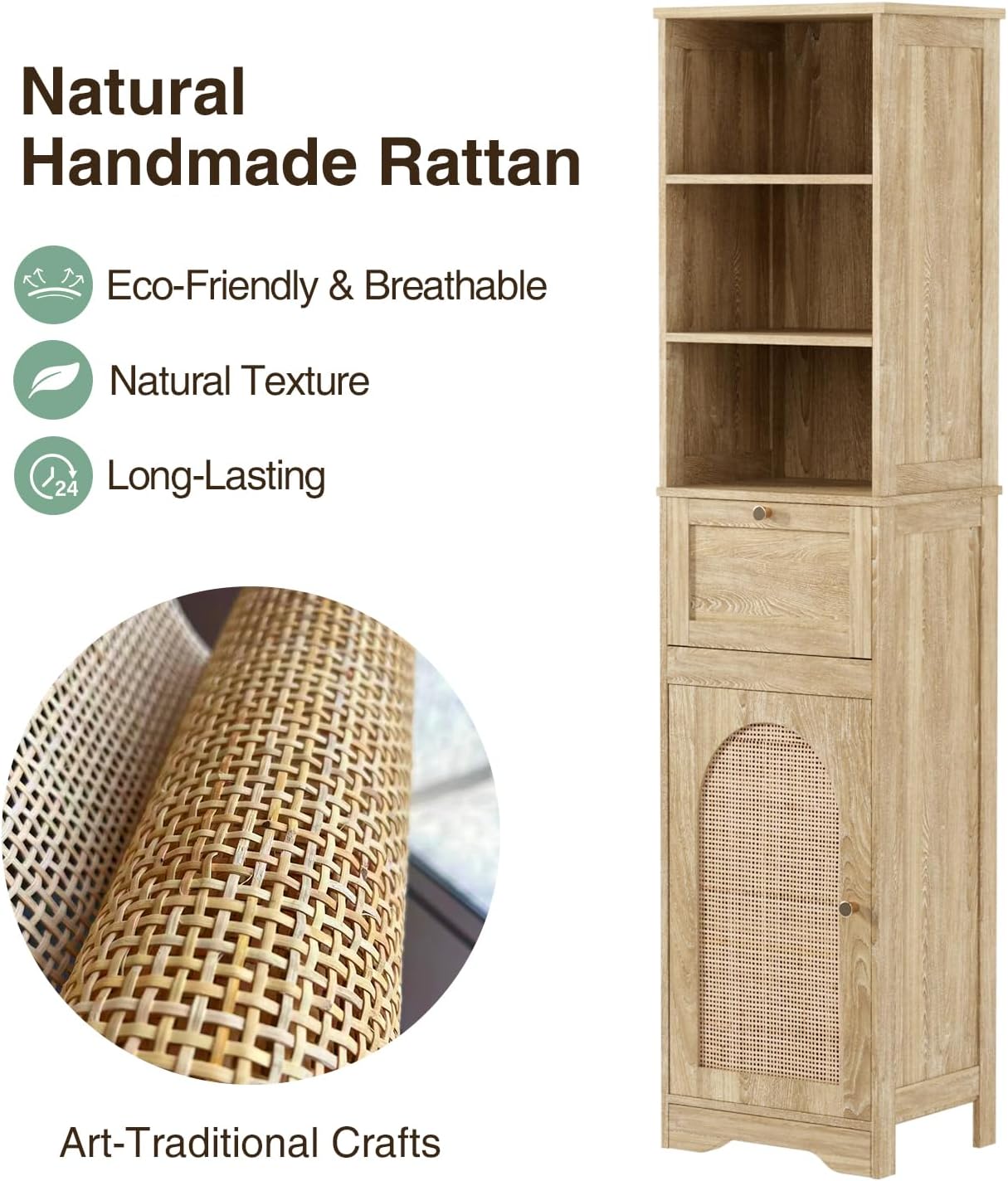 67''H Linen Bathroom Storage Cabinet with Rattan Doors & Drawer, Tall Narrow Standing Tower Cabinet with Adjustable Shelves, Small Bathroom Floor Cabinet for Entryway, Kitchen, Natural