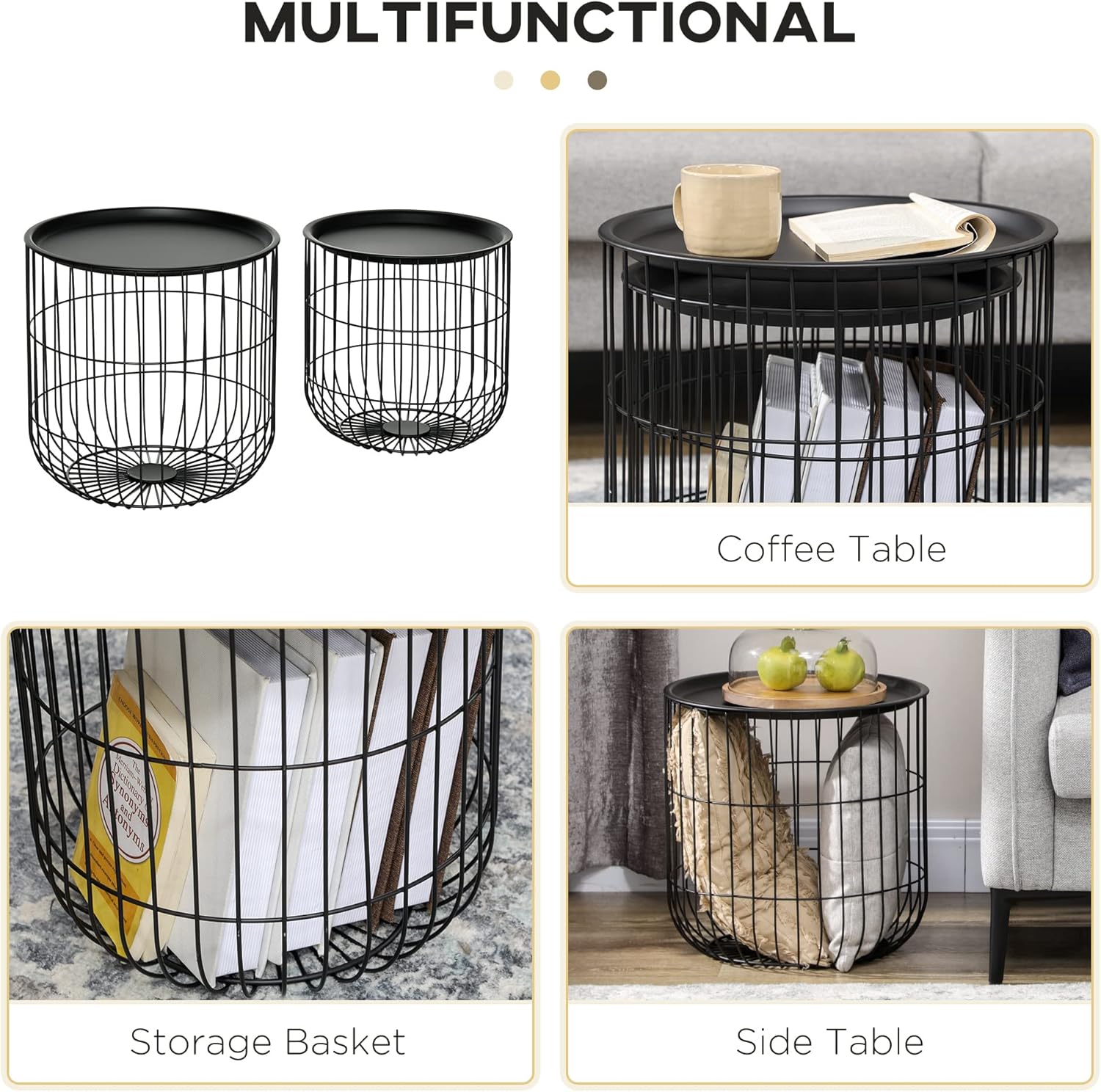 Nesting Coffee Tables, Round Coffee Table Set of 2 with Steel Wired Basket Body and Removable Top, Stacking End Tables Blanket Storage for Living Room, Black