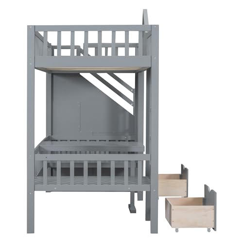 Full Over Full Bunk Beds with Stairs for Kids/Teens, Wooden Convertible Bunk Bed with 2 Storage Drawers, Down Bed Can be Turned Into Desk and Seat, White