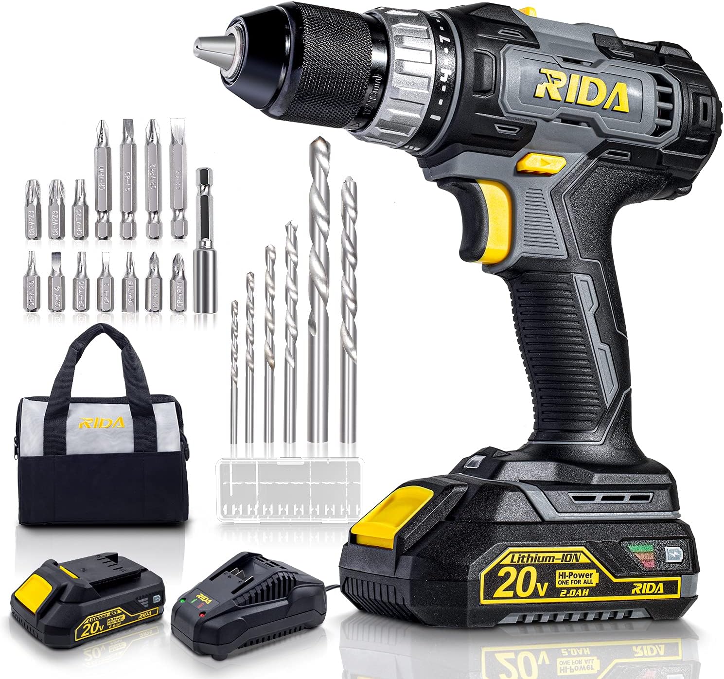 RIDA Cordless Drill 20V Electric Power Drill Set with 1/2'' Keyless Metal Chuck, 355 In-lb Torque, 2.0AH Lithium-ion Battery & Fast Charger, Variable Speed, 25+1 Position and 21pcs Drill/Driver Bits Pack of 2