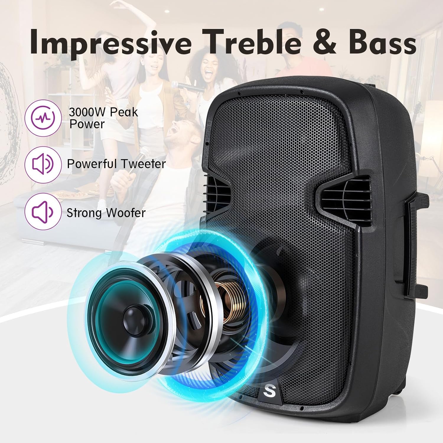 GOFLAME Portable 15" PA Speaker System Set, 3000W 2-Way Loudspeaker with Active + Passive Speaker, High Powered DJ Speaker with Bluetooth, USB/SD Card Reader, Stands, Microphone, Remote Control