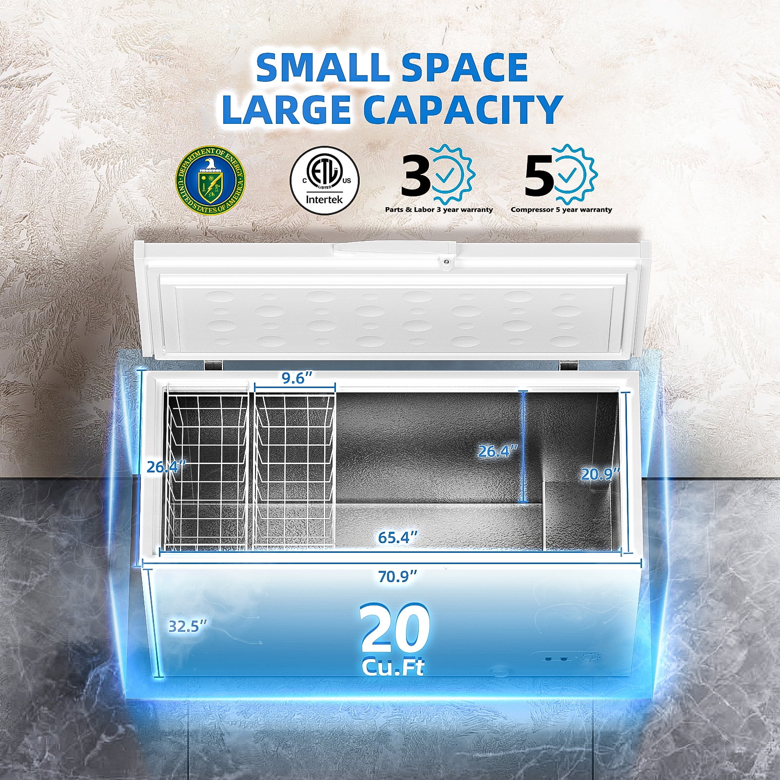Hoccot Chest Freezer 20 Cu.Ft. 2 Removable Baskets Deep Small Compact Freezer Top Door 7 Temperature Control from -13℉-14℉ Energy Saving White