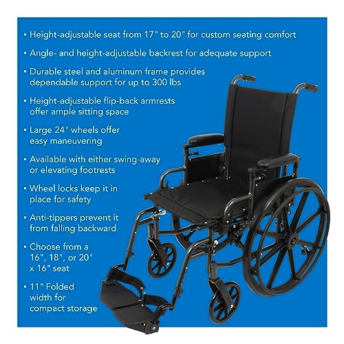 ProBasics Ultra Lightweight Wheelchair for Adults - Height Adjustable Seat - Flip Back Height Adjustable Desk Arms - Elevating Leg Rest, 20" x 16" Seat