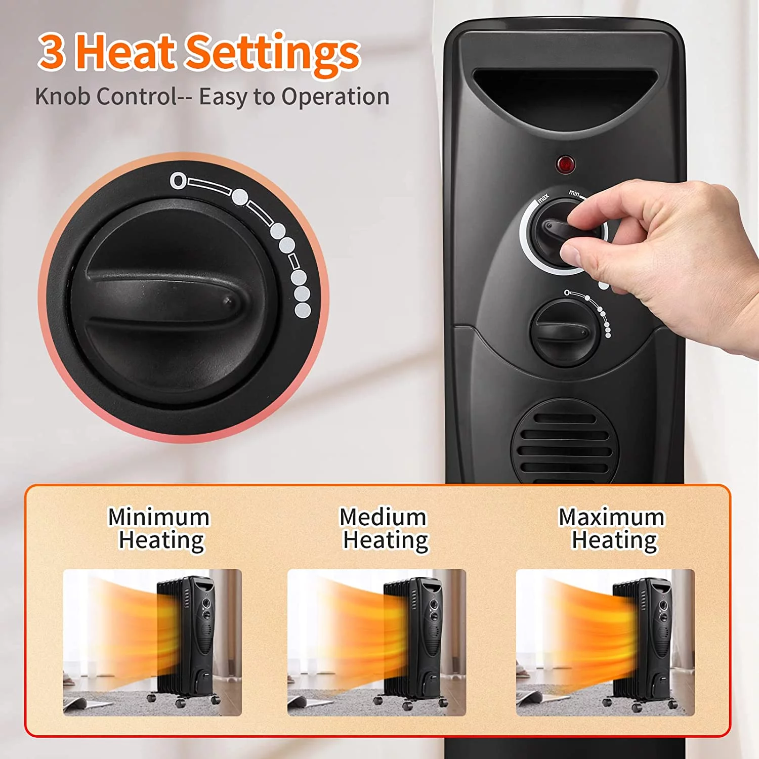 1500W Oil Filled Radiator Heater, Portable Electric Heater with 3 Heat Settings, Adjustable Thermostat, Overheat & Tip-Over Protection, Oil Heaters for indoor use (Black)