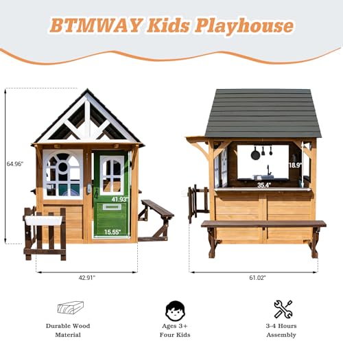 Kids Outdoor Playhouse,Cedar Gray Wooden Play House for Kids Ages 3-8, with Play Kitchen, Interactive Doorbell, Toy Phone, Sink, Flowerpot