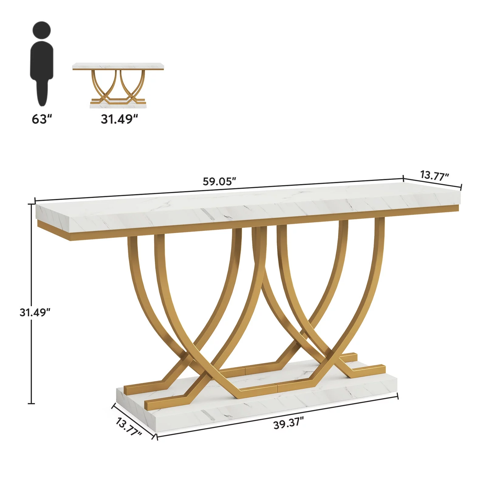 Tribesigns 59" Console Table with Gold Base, Faux Marble Entryway Table Behind Sofa Couch for Living Room, Hallway, White & Gold