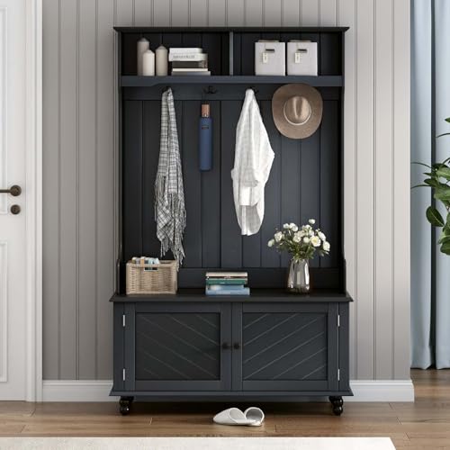 Entryway Hall Tree with Storage Bench, Coat Hooks, and Shoe Organizer, Elegant Coat Rack Mudroom Furniture, White