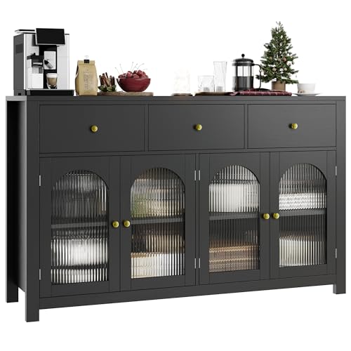 FINETONES Buffet Cabinet with Storage, 55.1" Large Sideboard Buffet Farmhouse Kitchen Cabinet with 3 Drawers and 4 Doors, Wood Coffee Bar for Kitchen, Black