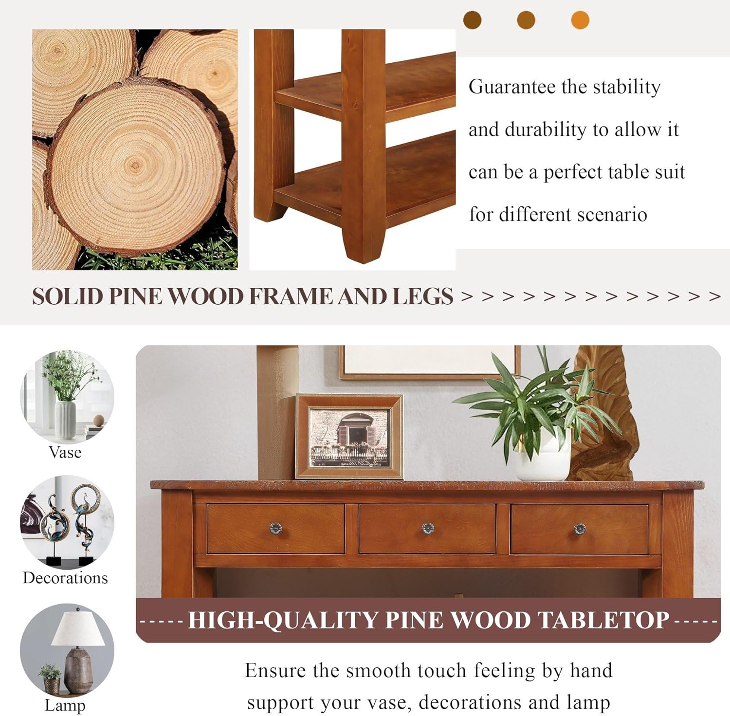 Knocbel Long Console Table with 3 Storage Drawers and Double Bottom Open Shelves,Wooden Sofa Tables Classic Retro and Modern Design for Entryway Entry Hallway Foyer,50" W x 16" D x 30" H,Brown