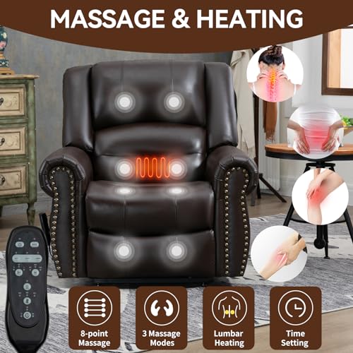Dual Motor Power Lift Chair, Lay Flat Recliner Chair, Electric Recliner with Massage and Heat for Elderly, Remote Control, Infinite Position, Standing Assistance, USB Ports, Faux Leather, Brown