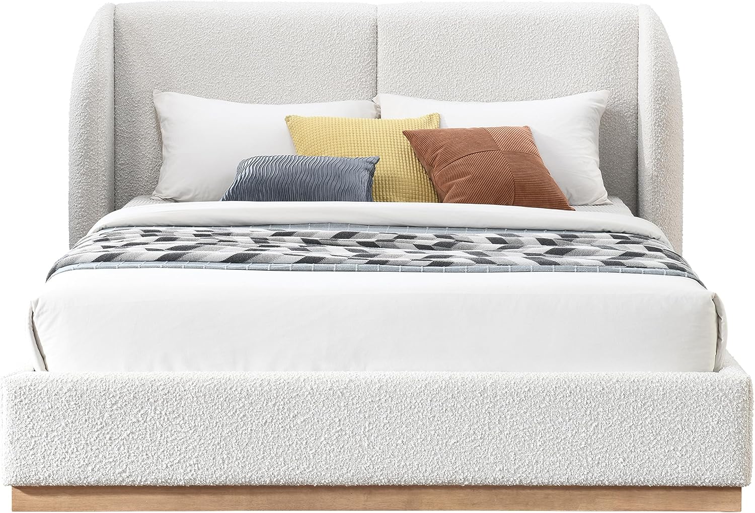 Meridian Furniture Jardin Collection Art Deco Full Rich Cream Boucle Fabric, Solid Wood Base, Rounded Wing Back Bed